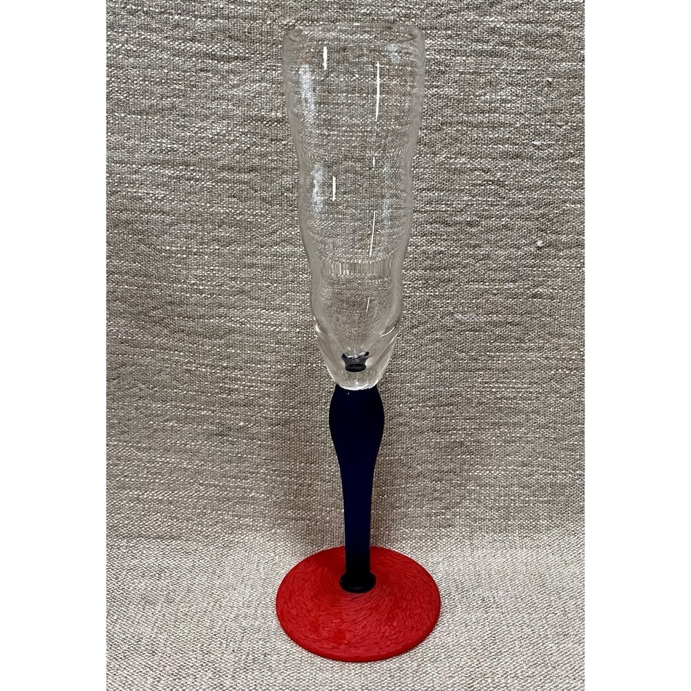 Kosta Boda Blown Glass Champagne Flute Cobalt Blue Stem Red Swirl Base 10.25"